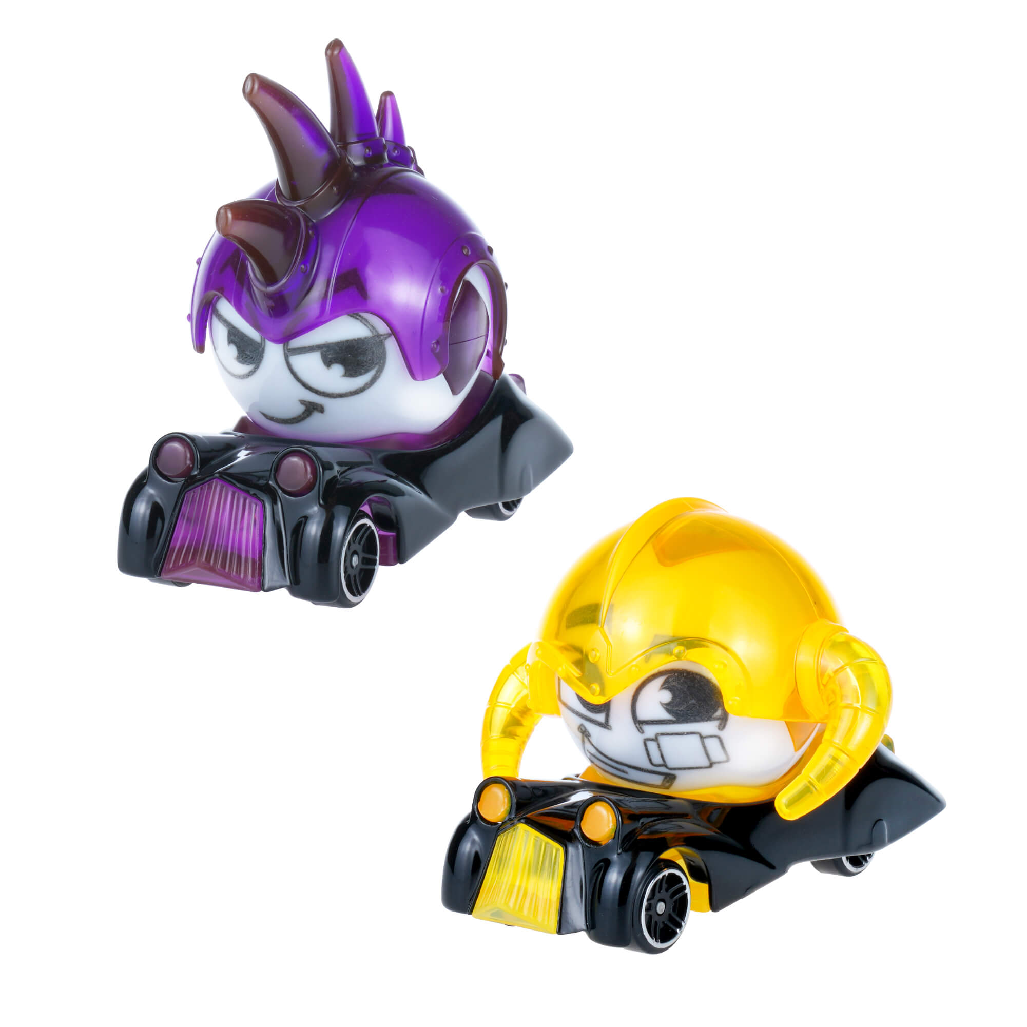 Two Erggs characters in their cars wearing helmets