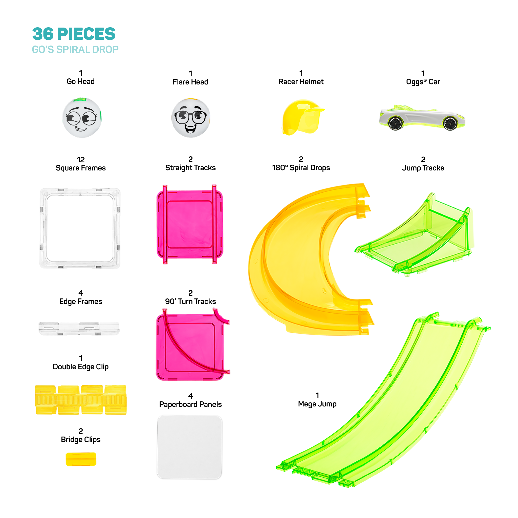 Pieces included in Go's Spiral Dro: 1 Go head, 1 Flare head, 1 racer helmet, 1 green Oggs car,  12 square frames, 2 straight tracks, 2 180 degree spiral drops, 2 jump tracks, 4 edge frames, 2 90 degree turn tracks, 1 ouble edge clip, 4 paperboard panels, 2 birdge clips, 1 mega jump