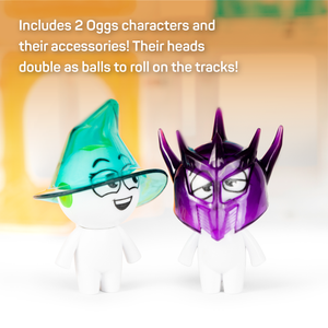 Characters in Oggsmore Keep. Text which reads "Includes 2 Oggs characters and their accessories! Their heads double as balls to roll on the tracks!"