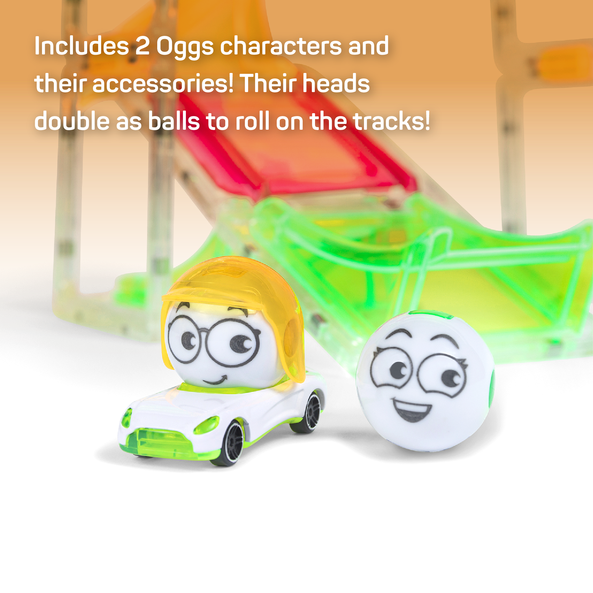 Two Oggs heads, green Oggs car, and racing helmet. Text which reads "Include 2 Oggs characters and their accessories! Their heads double as balls to roll on the tracks!"