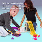 Load image into Gallery viewer, A boy and a girl playing with Erggs&#39; Crash Arena with text that reads &quot;With the cannon launcher, you can race cars and heads, and knock down blocks!&quot;
