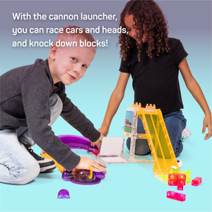 A boy and a girl playing with Erggs' Crash Arena with text that reads "With the cannon launcher, you can race cars and heads, and knock down blocks!"