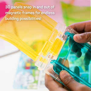 Kid snapping track piece into square frame. Text which reads "3D panels snap in and out of magentic frames for endless building possibilities!"