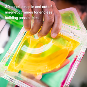 Kid snapping 90 degree tube into square frames. Text which reads "3D panels snap in and out of magnetic frames for endless building possibilities!"
