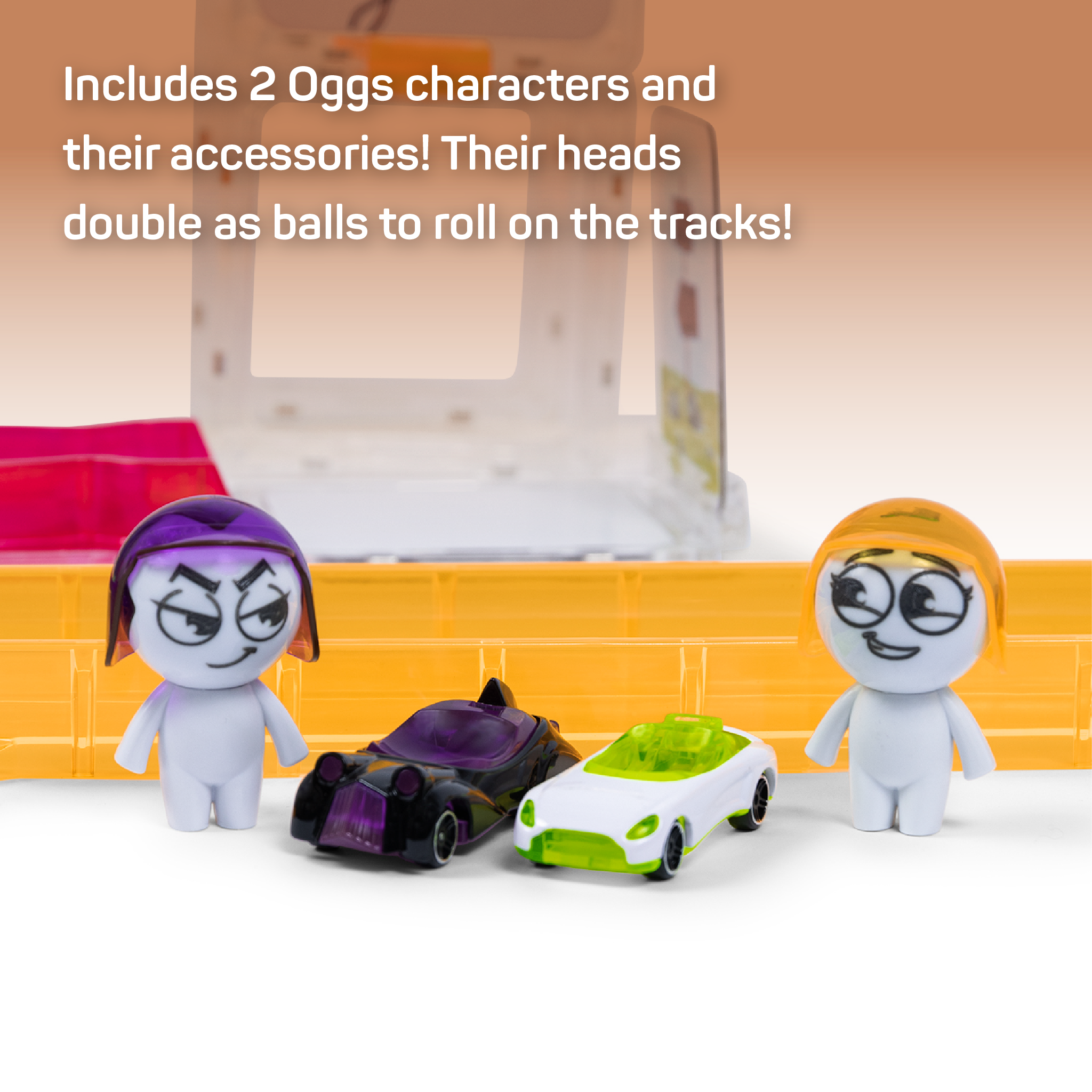 Erggs Crash Arena characters and their cars with text that reads "Includes 2 Oggs characters and their accessories! Their heads double as balls to roll on the tracks!"
