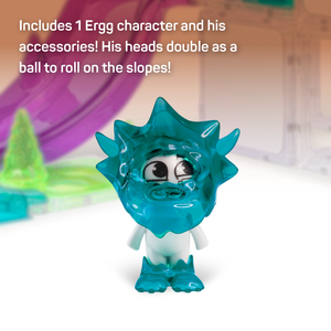 Yeti character with text that reads "Includes 1 Ergg character and his accessories! His heads double as a ball to roll on the slopes!"